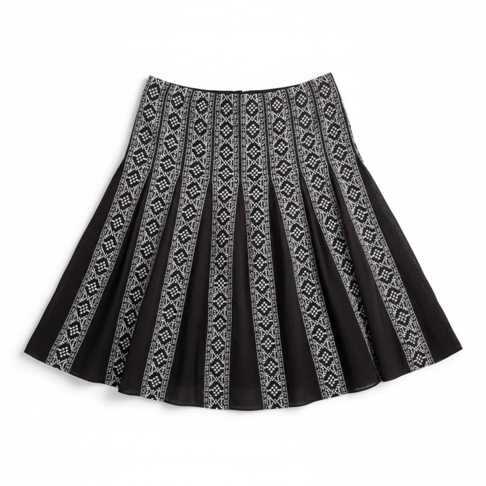 Ann Taylor Brown Embroidered Pleated Cotton A-Line Skirt Size 4 Geometric Boho